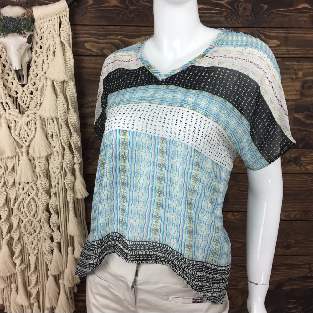 CAbi | Striped Boho Sheer V-Neck Oversized Blouse